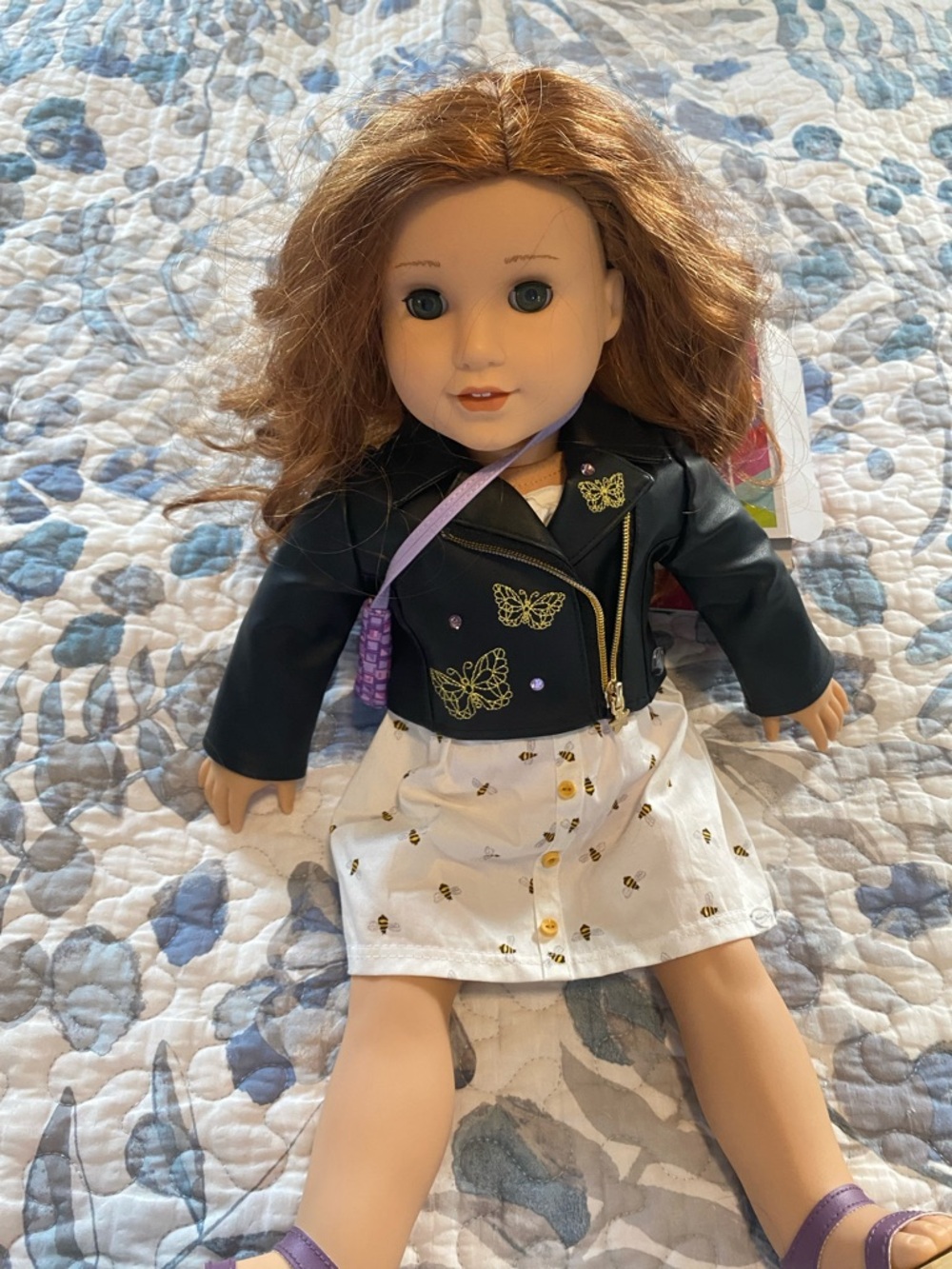 American Girl Brown-Haired Doll in Black Butterfly Jacket & White Bee Dress